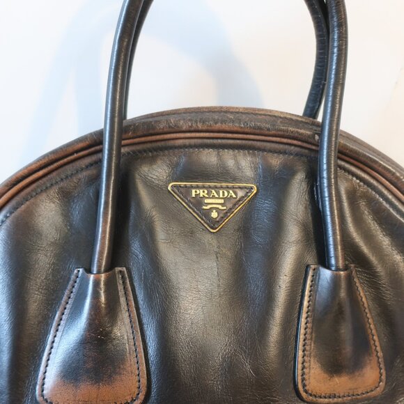 AUTHENTIC Prada Vitello Bowler Black Brown Serial No. 25 Leather Satchel Handbag - Picture 3 of 16